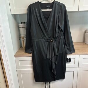 Womens Long Sleeve Faux Wrap Dress US 14 Black Shimmer‎ Ruffle Evening Wedding
